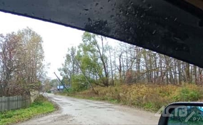 Столбы висят на проводах над дорогой в селе в Тымовском районе