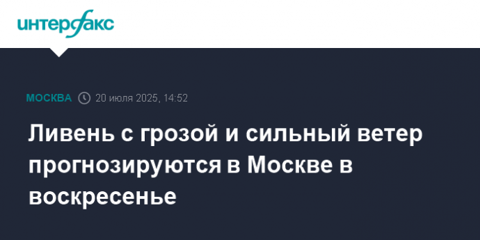 Ливень с грозой и сильный ветер прогнозируются в Москве в воскресенье
