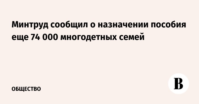 Минтруд сообщил о назначении пособия еще 74 000 многодетных семей