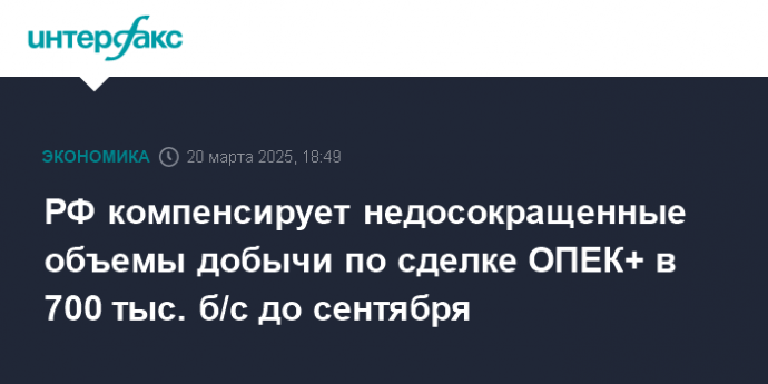 РФ компенсирует недосокращенные объемы добычи по сделке ОПЕК+ в 700 тыс. б/с до сентября
