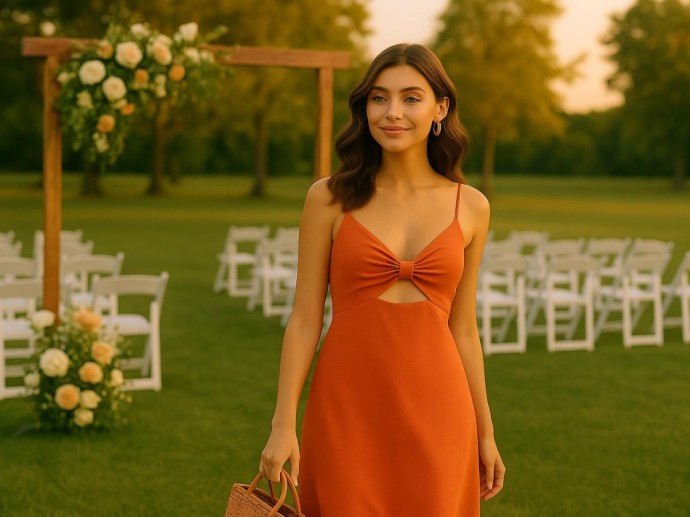 Льняной сарафан и и босоножки создают идеальный образ для жаркой свадьбы