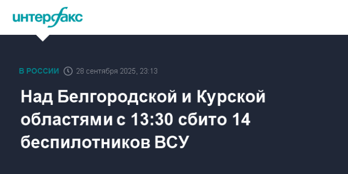 Над Белгородской и Курской областями с 13:30 сбито 14 беспилотников ВСУ