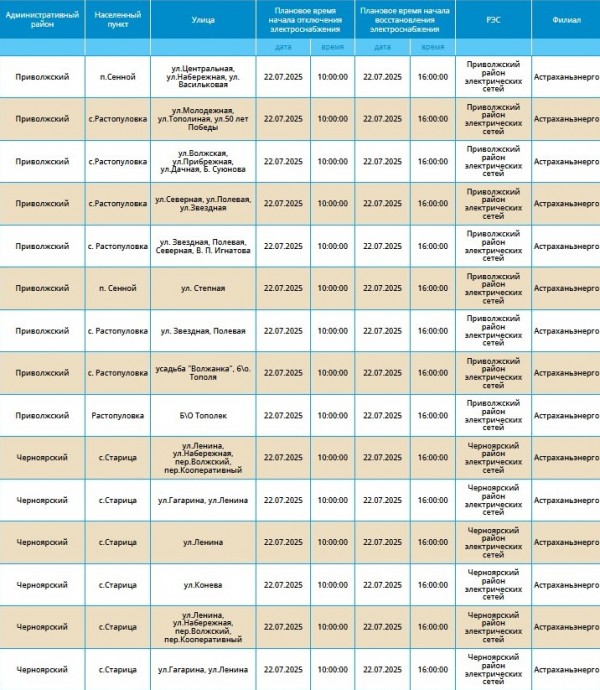 22 июля массово отключат свет жителям Астрахани и ряда сел