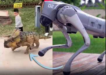 Видео: робот-трицератопс играет с детьми в парке динозавров