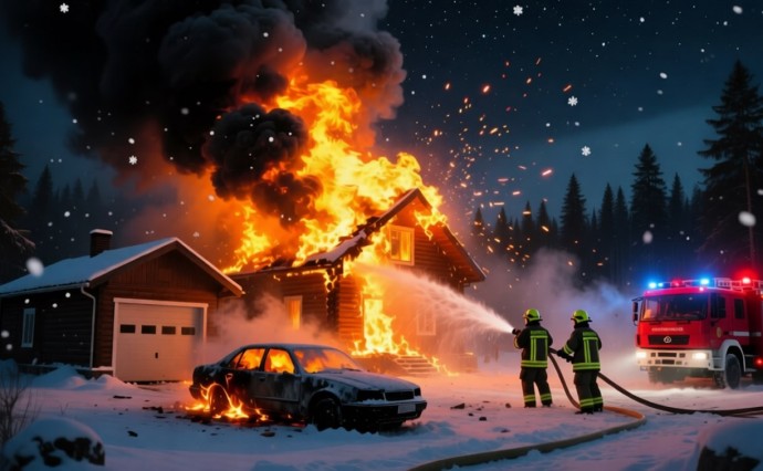 В Невельске пожарные шесть часов тушили дом, гараж и два автомобиля