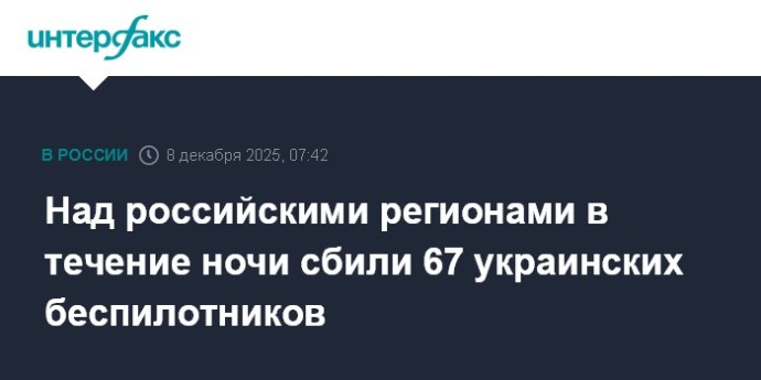 Над российскими регионами в течение ночи сбили 67 украинских беспилотников Над российскими регионами в течение ночи сбили 67 украинских беспилотников