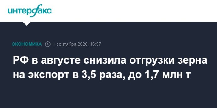 РФ в августе снизила отгрузки зерна на экспорт в 3,5 раза, до 1,7 млн т РФ в августе снизила отгрузки зерна на экспорт в 3,5 раза, до 1,7 млн т