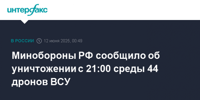 Минобороны РФ сообщило об уничтожении с 21:00 среды 44 дронов ВСУ