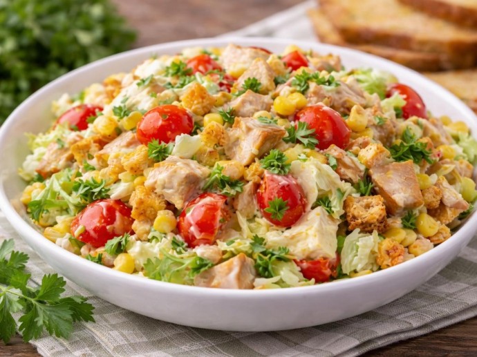 Салат "Нецезарь" готовят с копчёной курицей и кукурузой
