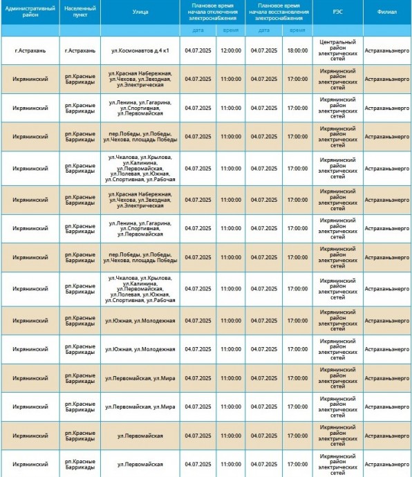 4 июля массово отключат свет жителям Астрахани и икрянинцам