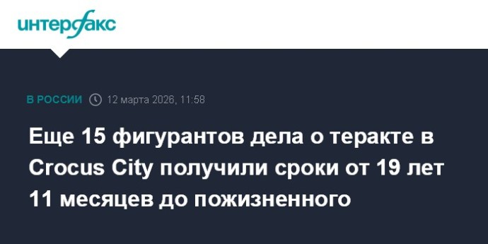 Еще 15 фигурантов дела о теракте в Crocus City получили сроки от 19 лет 11 месяцев до пожизненного