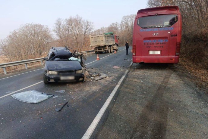 Автомобиль вылетел на встречку и столкнулся с рейсовым автобусом в Приморье Автомобиль вылетел на встречку и столкнулся с рейсовым автобусом в Приморье