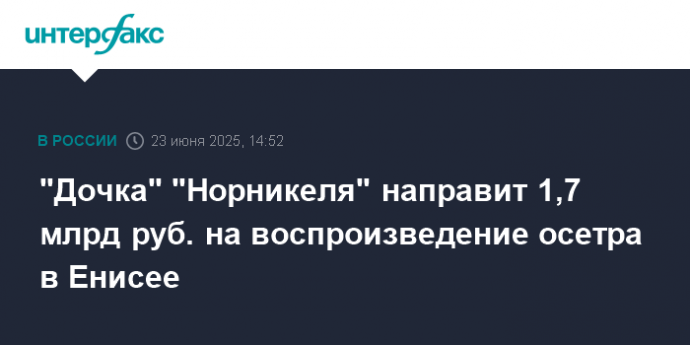 "Дочка" "Норникеля" направит 1,7 млрд руб. на воспроизведение осетра в Енисее
