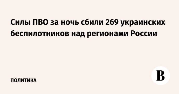 Силы ПВО за ночь сбили 269 украинских беспилотников над регионами России Силы ПВО за ночь сбили 269 украинских беспилотников над регионами России
