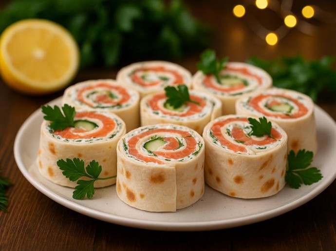 Рецепт рулетов из лаваша с красной рыбой и яйцами для новогоднего стола