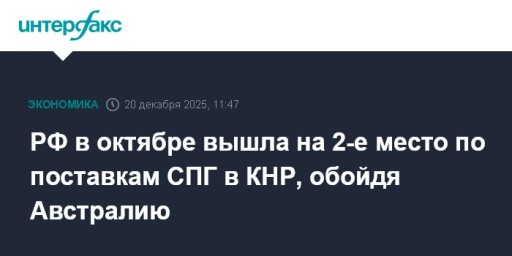 РФ в октябре вышла на 2-е место по поставкам СПГ в КНР, обойдя Австралию