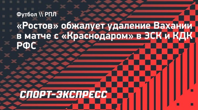 «Ростов» обжалует удаление Вахании в матче с «Краснодаром» в ЭСК и КДК РФС