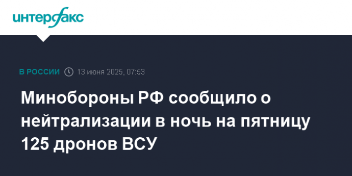 Минобороны РФ сообщило о нейтрализации в ночь на пятницу 125 дронов ВСУ