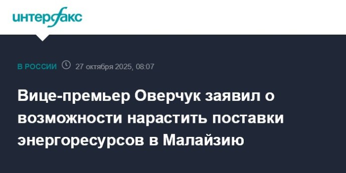 Вице-премьер Оверчук заявил о возможности нарастить поставки энергоресурсов в Малайзию