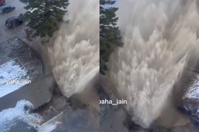 «Гейзер» высотой в три этажа: мощный прорыв трубы затопил улицы Снеговой пади