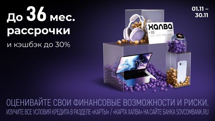 «Черная пятница с «Халвой» от Совкомбанка: розыгрыш 3 млн рублей, кэшбэк до 30%, рассрочка до 36 месяцев и подарки от партнеров