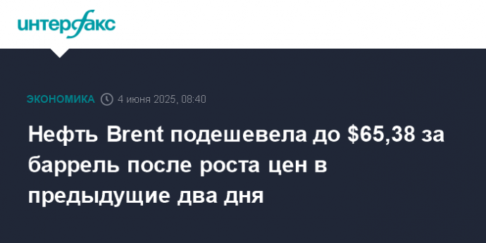 Нефть Brent подешевела до $65,38 за баррель после роста цен в предыдущие два дня