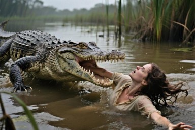 Муж едва успел вырвать жену из пасти утащившего ее крокодила