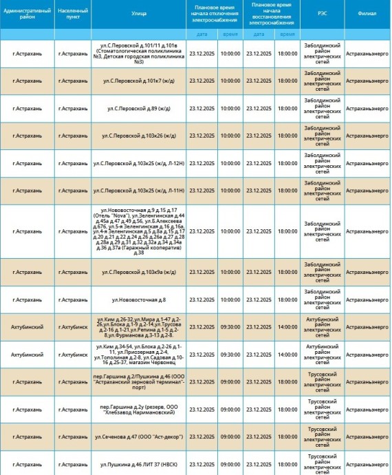23 декабря массово отключат свет в Астрахани и Ахтубинске