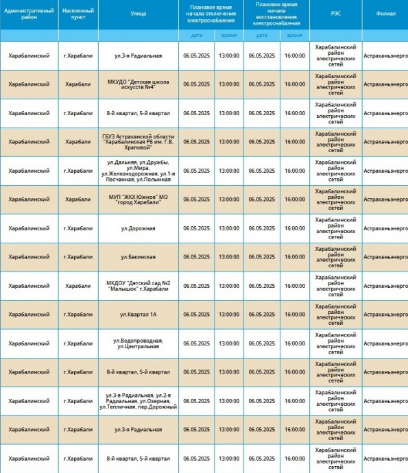 6 мая массово отключат свет жителям Астрахани и трех районов