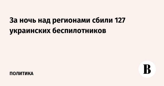 За ночь над регионами сбили 127 украинских беспилотников За ночь над регионами сбили 127 украинских беспилотников
