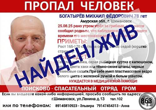 Пожилого грибника, заблудившегося в тайге в Приамурье, нашли