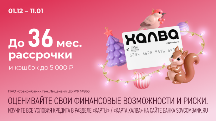 Совкомбанк и «Халва» запускают акцию «Новогодний бум»: получите кэшбэк до 5000 рублей, рассрочку до 36 месяцев и ценные призы в суперфинале Совкомбанк и «Халва» запускают акцию «Новогодний бум»: получите кэшбэк до 5000 рублей, рассрочку до 36 месяцев и ценные призы в суперфинале