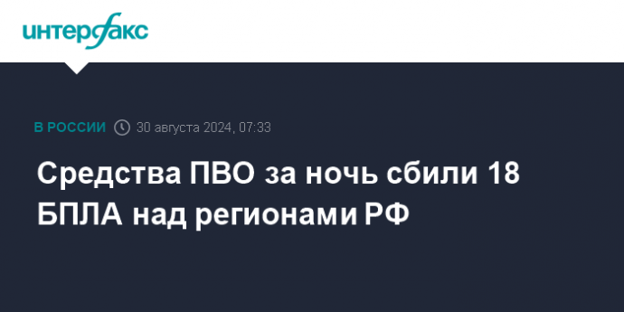 Средства ПВО за ночь сбили 18 БПЛА над регионами РФ