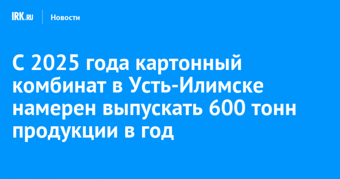 С 2025 года картонный комбинат в Усть-Илимске намерен выпускать 600 тонн продукции в год