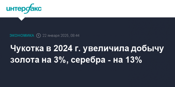 Чукотка в 2024 г. увеличила добычу золота на 3%, серебра - на 13%