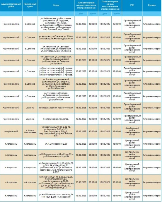 18 февраля массово отключат свет жителям Астрахани и двух сел