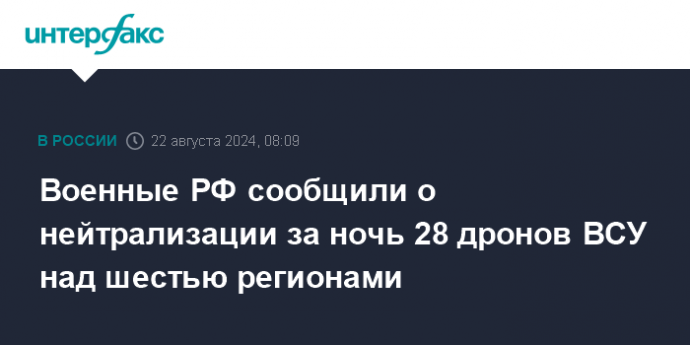 Военные РФ сообщили о нейтрализации за ночь 28 дронов ВСУ над шестью регионами