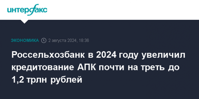 Россельхозбанк в 2024 году увеличил кредитование АПК почти на треть до 1,2 трлн рублей