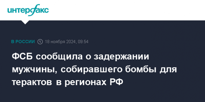 ФСБ сообщила о задержании мужчины, собиравшего бомбы для терактов в регионах РФ