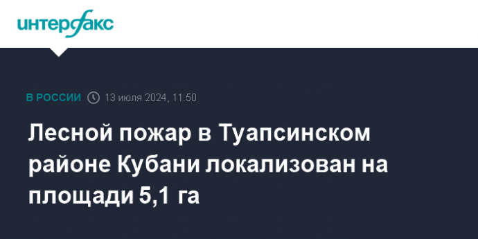 Лесной пожар в Туапсинском районе Кубани локализован на площади 5,1 га