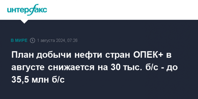 План добычи нефти стран ОПЕК+ в августе снижается на 30 тыс. б/с - до 35,5 млн б/с