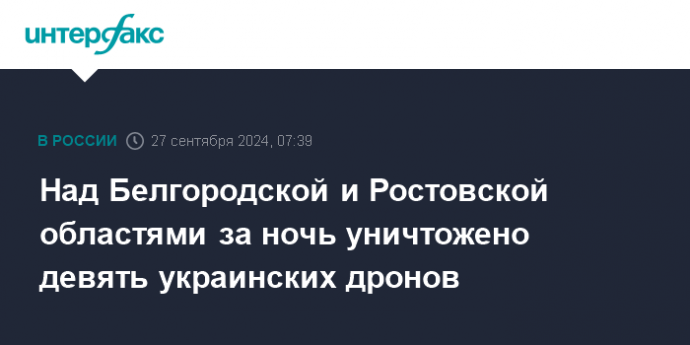 Над Белгородской и Ростовской областями за ночь уничтожено девять украинских дронов