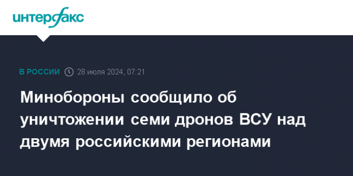 Минобороны сообщило об уничтожении семи дронов ВСУ над двумя российскими регионами