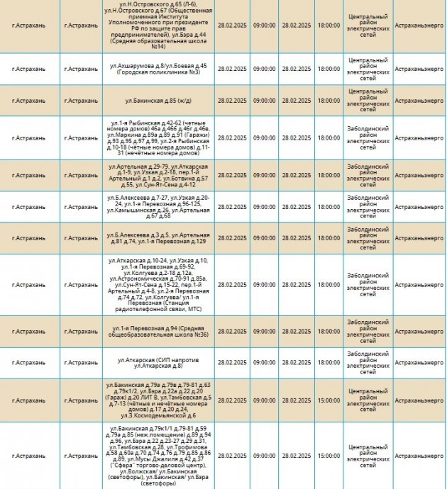 28 февраля отключат свет жителям 40-а улиц Астрахани