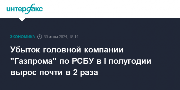 Убыток головной компании "Газпрома" по РСБУ в I полугодии вырос почти в 2 раза