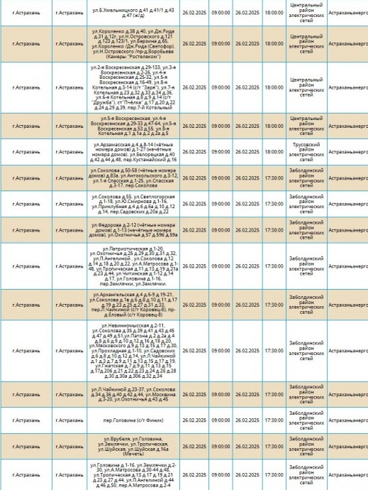26 февраля отключат свет почти на 70-и улицах Астрахани