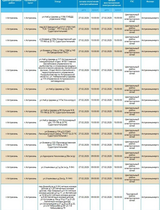 27 февраля отключат свет некоторым жителям Астрахани
