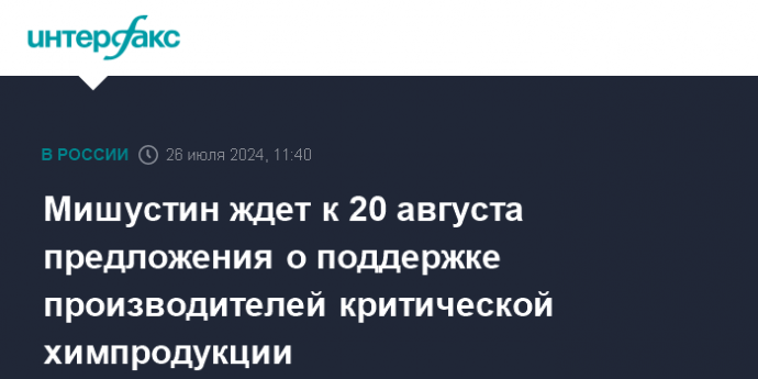 Мишустин ждет к 20 августа предложения о поддержке производителей критической химпродукции