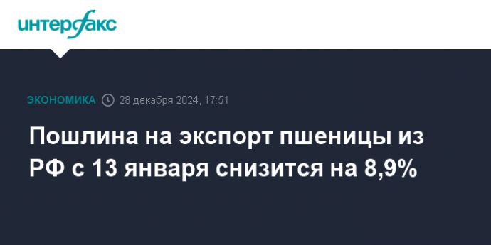 Пошлина на экспорт пшеницы из РФ с 13 января снизится на 8,9%