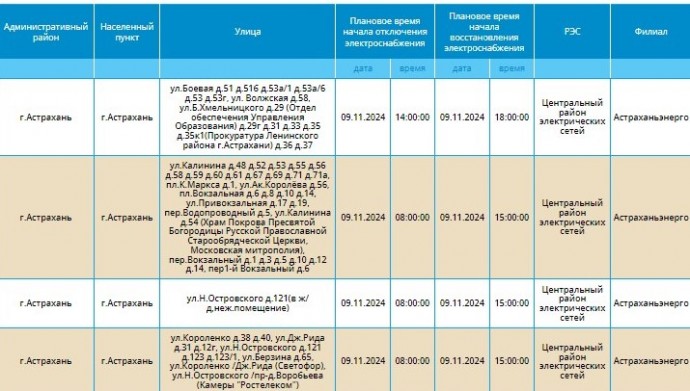 9 ноября некоторые жители Астрахани останутся без света